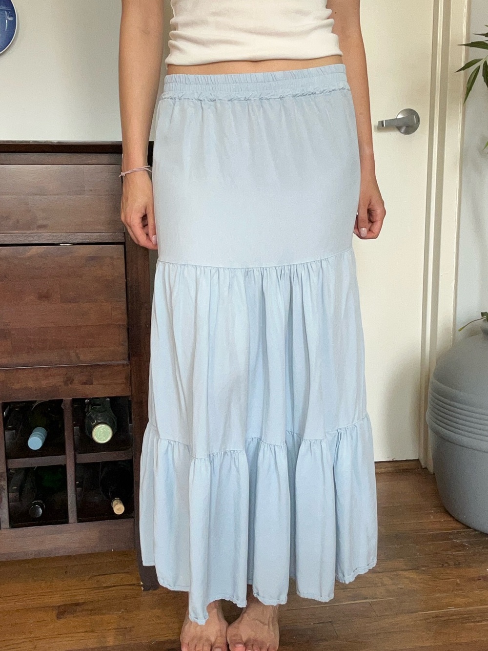 Light Blue 100% Tensel Tiered Maxi Skirt with Elastic Waist